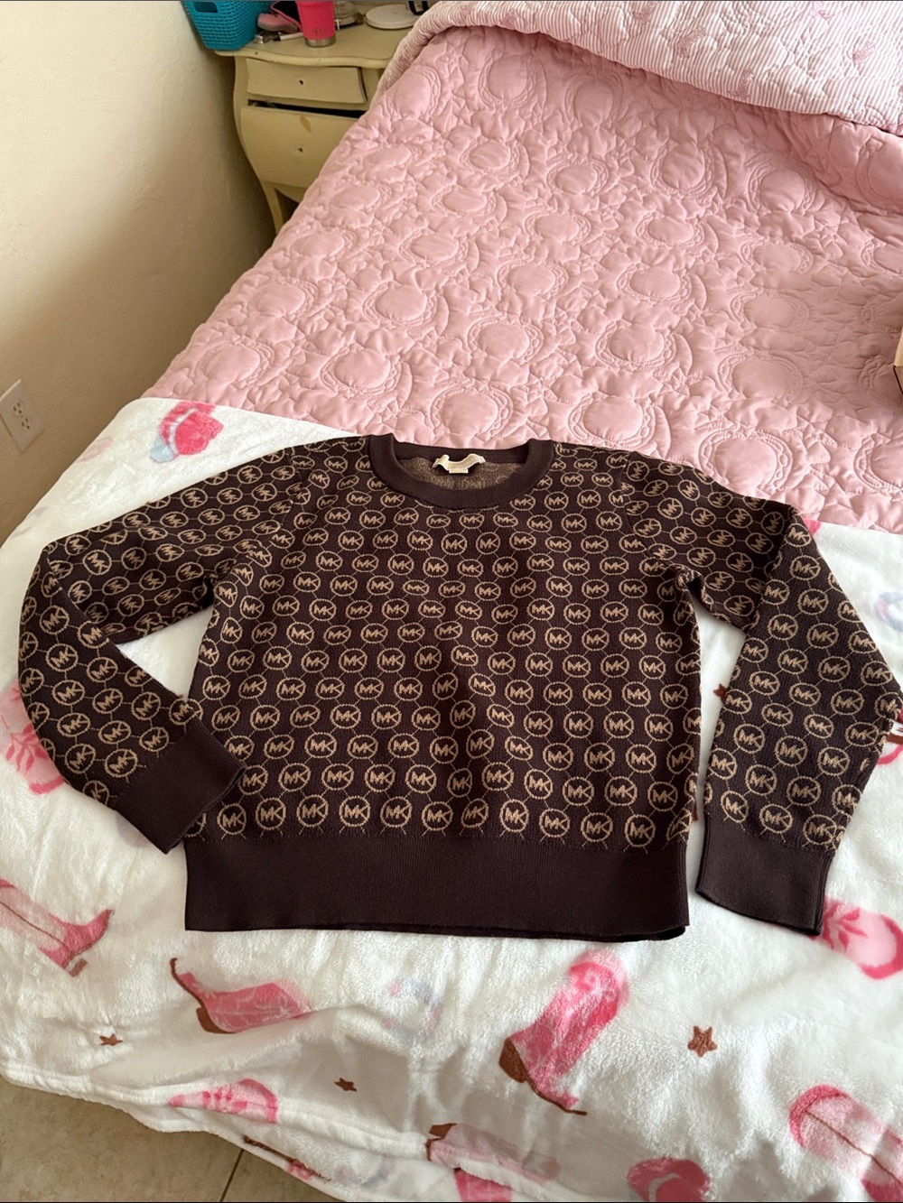 Michael Kors Brown and Tan MK Logo Knit Sweater